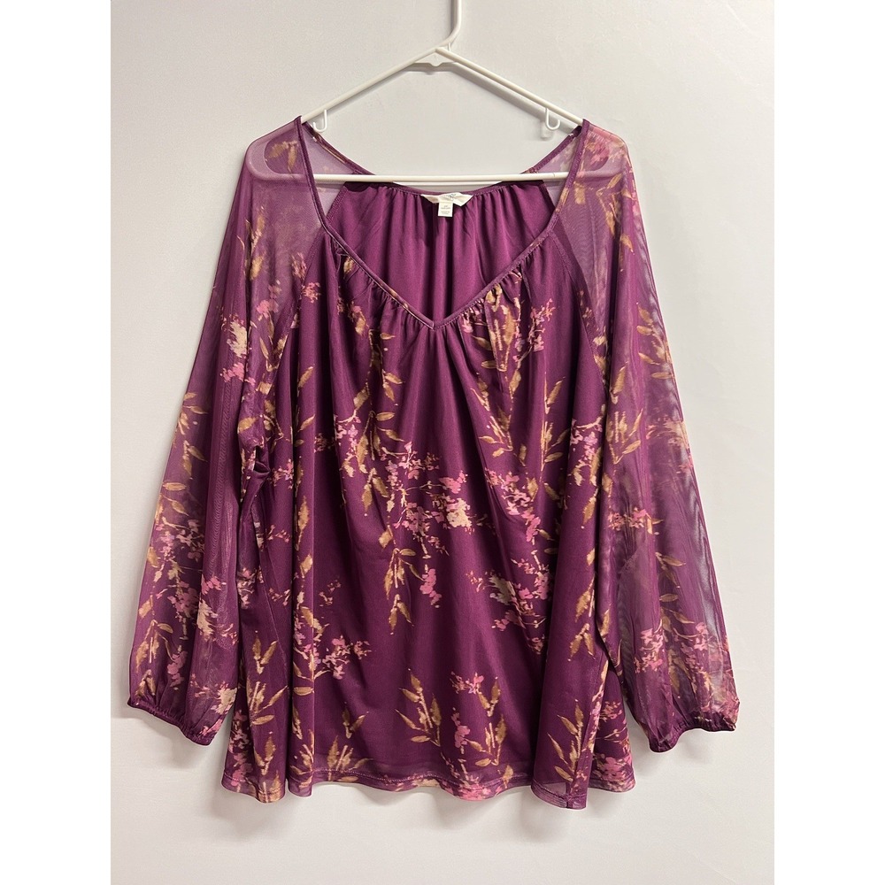 Women's Purple Black Floral Sheer Overlay V-Neck Tunic Top Blouse‎ 2X Floral